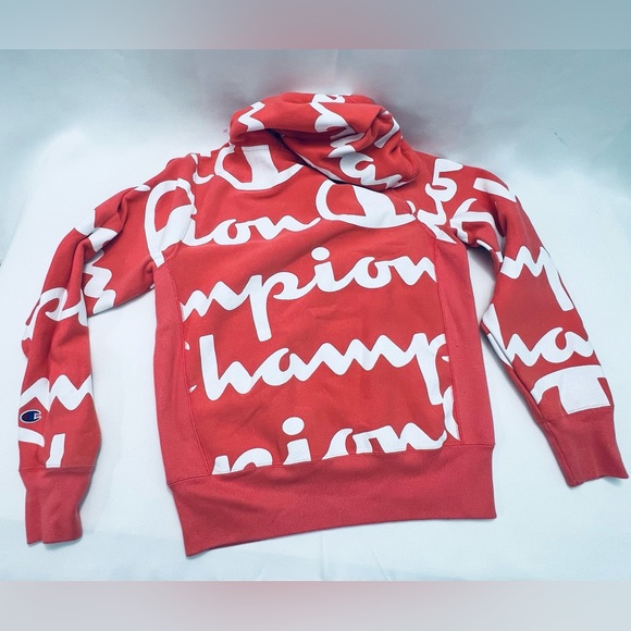 Champion Vintage Y2K Reverse Weave All Over Print Hoodie in Coral Size Small EUC - Picture 4 of 9